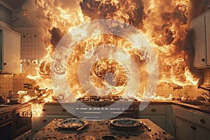 Kitchen in flames, fire accident in the house
