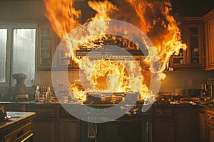 Kitchen in flames, fire accident in the house