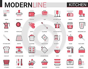 Kitchen flat line icon vector illustration set, with glass dishware, equipment tools for cooking food and household