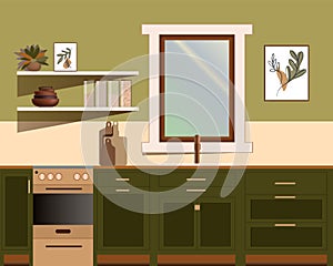 Kitchen, flat style. Green kitchen with stove, shelves, utensils and decor