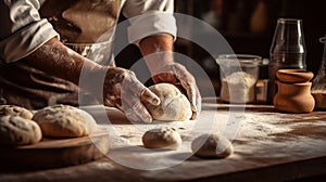 kitchen flour pastry chef hands cook dough baker knead food. Generative AI.