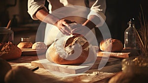 kitchen food hands pastry flour baker cook dough chef knead. Generative AI.