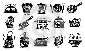 Kitchen food lettering. Gourmet cooking foods badge, chicken recipes cook and restaurant menu letterings vector illustration set