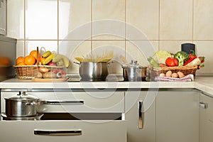 Kitchen with fruits and vegetables