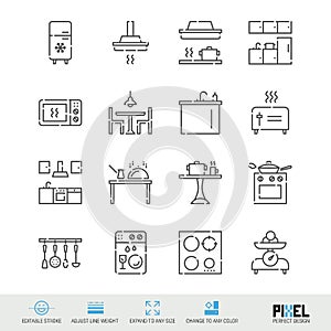 Kitchen, furniture and appliances related vector line icon set isolated on white
