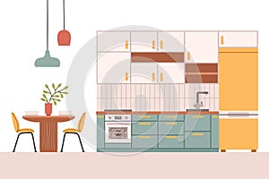 Kitchen with furniture. Cozy kitchen interior with table, stove, cupboard, dishes and fridge. Flat style vector.