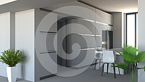 Kitchen furniture, interior design. Furniture and appliances. Entrance and open space with a view of a kitchen