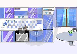Kitchen with furniture and long shadows. Flat cartoon style vector illustration.