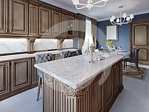 Kitchen with granite island and cherry wood cabinetry