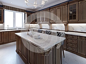 Kitchen with granite island and cherry wood cabinetry