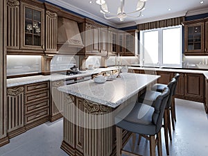 Kitchen with granite island and cherry wood cabinetry