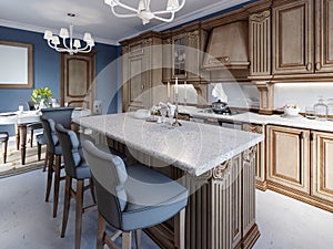 Kitchen with granite island and cherry wood cabinetry