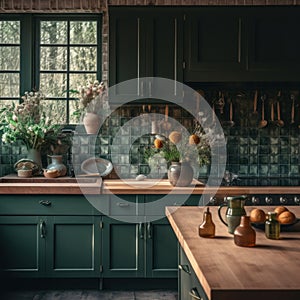 A kitchen with green cabinets and wooden counter tops. Generative AI image.