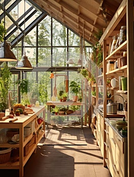 Kitchen in a greenhouse with a lot of plants