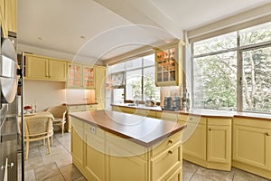 the kitchen has a large center island and large windows
