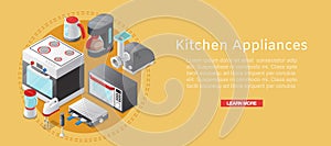 Kitchen home appliance electronics sale with isometric stove, wa hine maschine, kettle and mixer poster web banner
