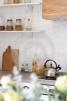Kitchen at home with white modern interior