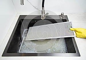 kitchen hood filters for sinks with a modern oxygen cleaner for grease and stains. Washing and cleaning the kitchen