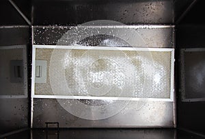 kitchen hood filters for sinks with a modern oxygen cleaner for grease and stains. Washing and cleaning the kitchen