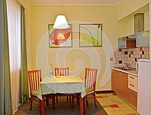 Kitchen in the hotel room. An interior in green tones