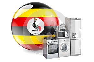 Kitchen and household appliances with Ugandan flag. Production, shopping and delivery of home appliances in Uganda concept. 3D