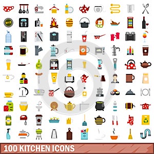 100 kitchen icons set, flat style