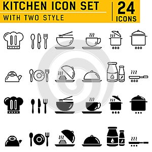 Kitchen icons set with two style. Flat design