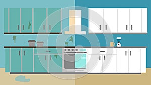 Kitchen Improvement Before and After Repair. Home Interior Renovation. Flat style illustration.