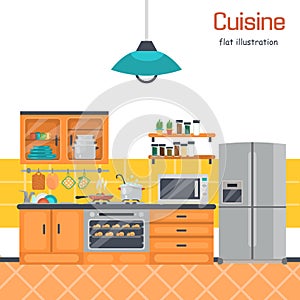 Kitchen interier color flat illustration