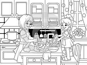 Kitchen interier. Mom teaches her daughter how to cook, wash dishes and do household chores. Raster illustration