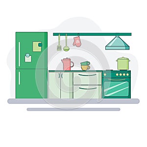 Kitchen interier. Stylish and modern design - cupboards with dishes, refrigerator and stove, kitchen accessories. Vector