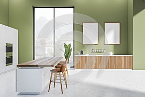 Kitchen interior with bar chairs and island, panoramic window. Mockup frames