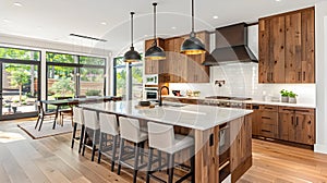 Kitchen interior in beautiful new luxury home with kitchen island and wooden floor, generated AI