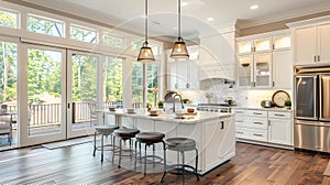 Kitchen interior in beautiful new luxury home with kitchen island and wooden floor, generated AI