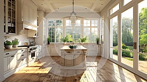 Kitchen interior in beautiful new luxury home with kitchen island and wooden floor, generated AI
