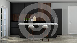 Kitchen interior cooking black table, chair, lamp modern food restaurant 3d illustration white roomhome design background