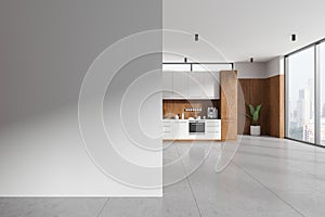 Kitchen interior with cooking cabinet and kitchenware, window. Mockup wall
