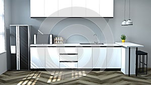 Kitchen interior cooking white table,chair,lamp,modern food restaurant 3d rendering home design for copy space background,home des