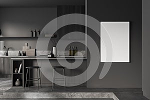 Kitchen interior with countertop and bar chairs, decoration. Mockup frame