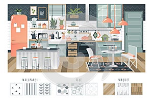 Kitchen interior design with cozy ambience, comfortable layout and modern appliances, vector illustration