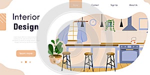 Kitchen interior design vector banner. Dining room decoration. Modern interior design service. Home renovation studio. Ad template