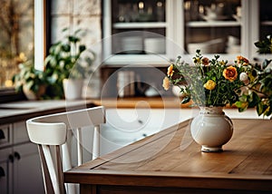 Kitchen interior details. Cozy farmhouse style kitchen interior with wooden table and white classic furniture