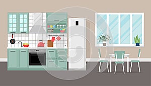 Kitchen interior with dining area, flat style, vector graphic design template