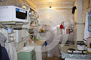 Kitchen interior with dishes in an old Russian house
