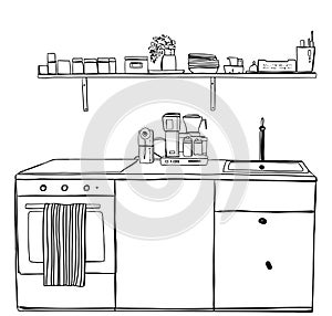 Kitchen interior drawing, vector illustration