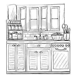 Kitchen interior drawing, vector illustration