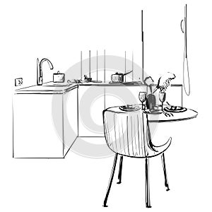 Kitchen interior drawing, vector illustration. Dinner table sketch