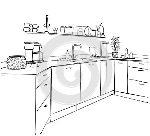 Kitchen interior drawing, vector illustration. Food and drink