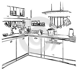 Kitchen interior drawing, vector illustration. Furniture sketch