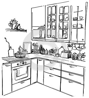 Kitchen interior drawing, vector illustration, sketch